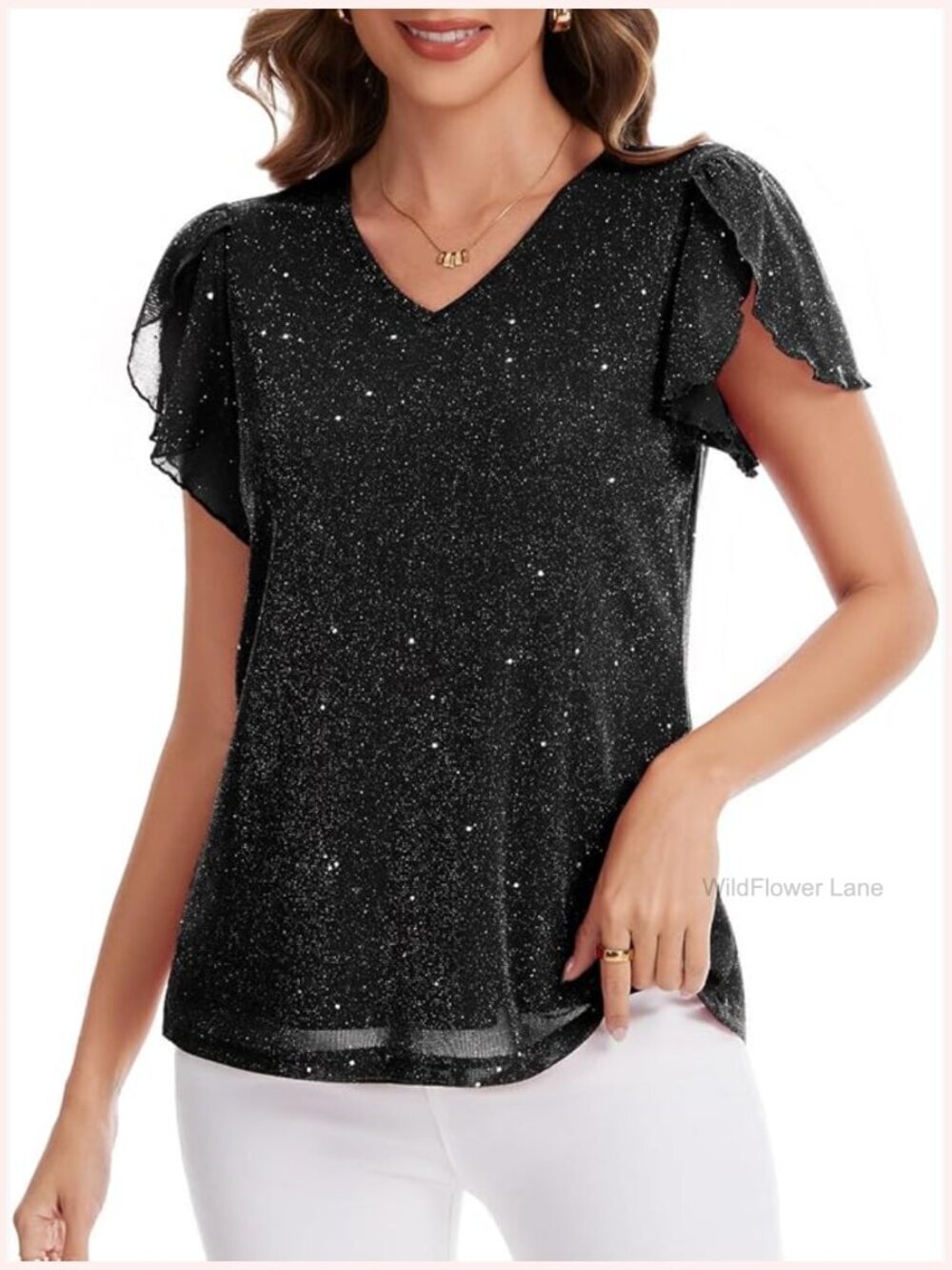Women's V Neck Sparkly Double Layers Short Sleeve Tops Casual Dressy Blouse